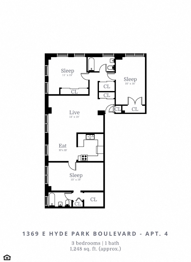 Floor plan for 3 beds, 2 baths, 1248 sqft